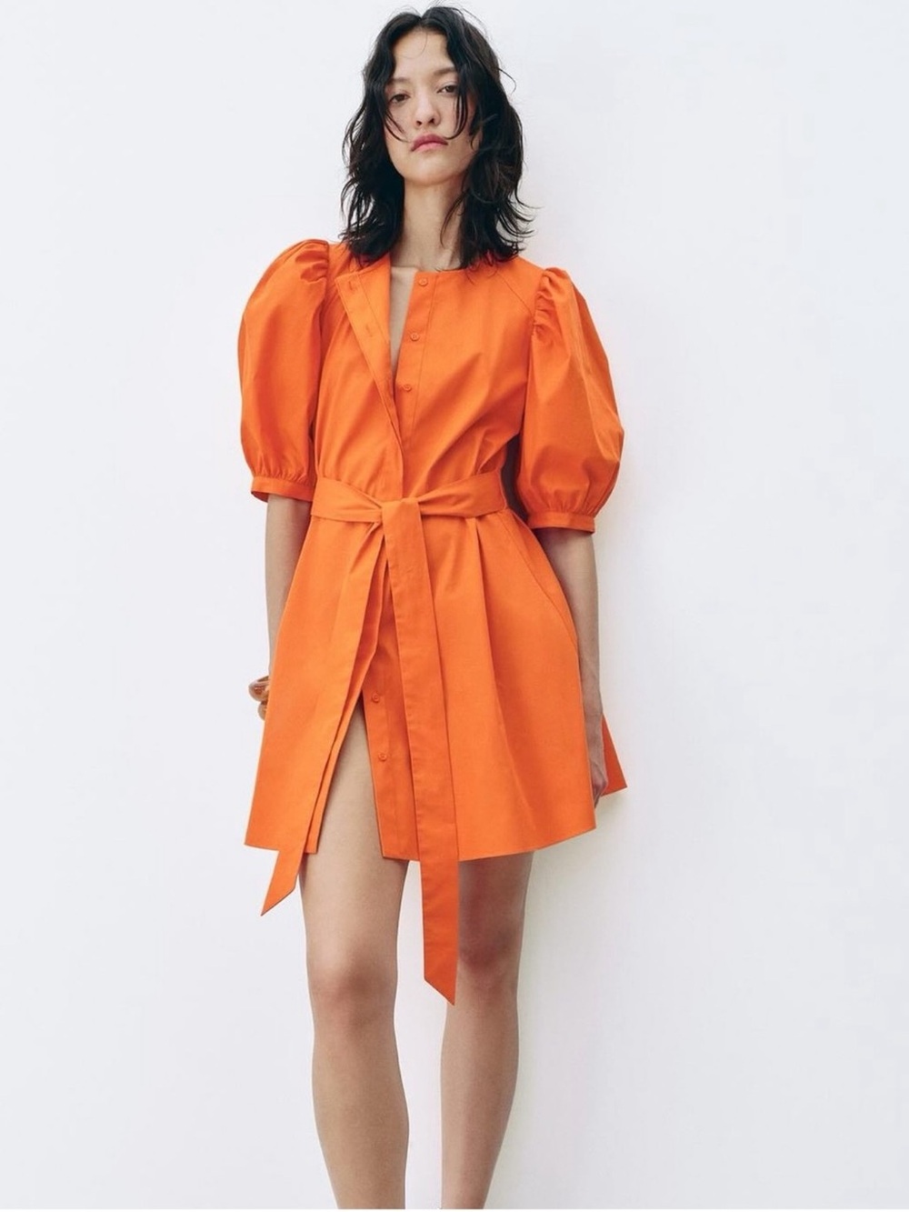 Zara Orange Puff Sleeve Mini Shirt Dress Button Down Size XS Blogger
